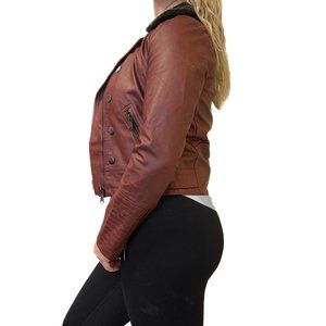 Faux Red Leather Bomber Jacket Size Small with Removable Fleece Collar
